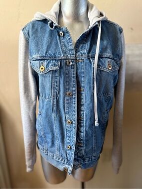 Forever 21 Blue Denim Jacket with Light Grey Hooded Sleeves